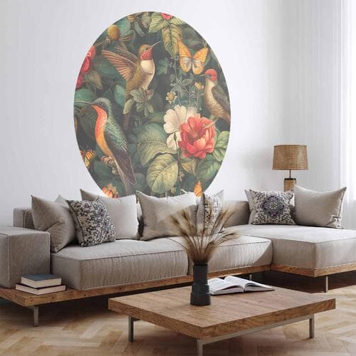 Fototapeta okrągła Kwiaty, ptaki i motyle - ilustracja w stylu vintage 140×140 cm, materiał samoprzylepny