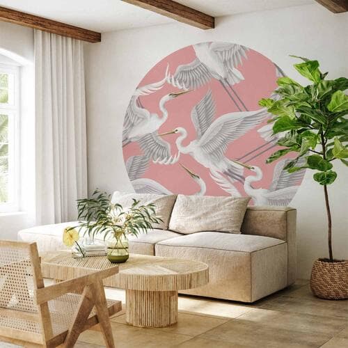 Fototapeta okrągła Pastelowe ptaki - delikatny wzór w biało-szare czaple na jasno-różowym tle 280×280 cm, materiał samoprzylepny