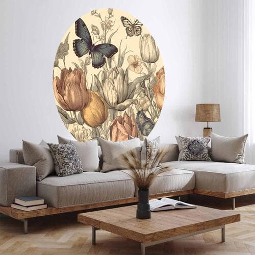 Fototapeta okrągła Kolorowe tulipany na kremowym tle 140×140 cm, materiał samoprzylepny