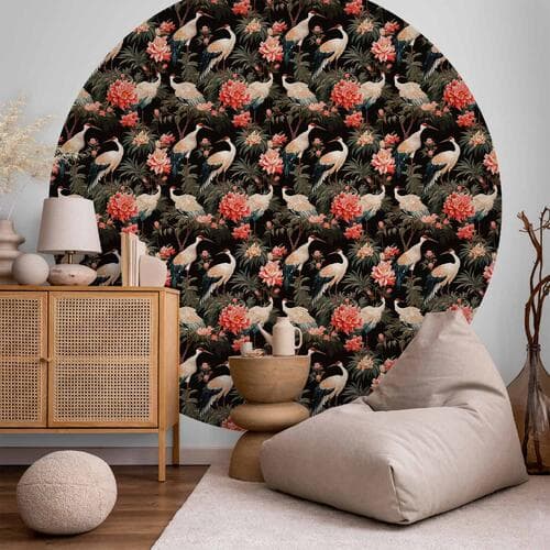 Fototapeta okrągła Ornament z ptakami - sylwetki żurawi i kwiaty piwonii na ciemnym tle 140×140 cm, materiał samoprzylepny