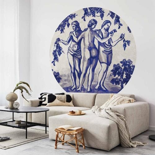 Round wall mural Antyczna winnica - trzy kobiety w portalu malowane niebieskim tuszem 140×140 cm, self-adhesive material