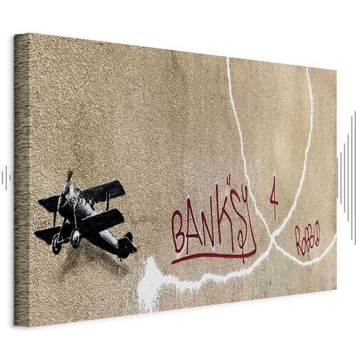 Картина на холсте Samolot Banksy - graffiti czerwone napisy na tle muralu 90×60 см, стандартный холст