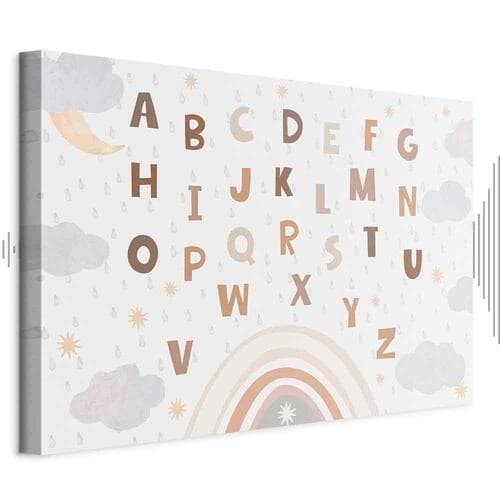 Картина на холсте Literki ponad tęczą - Literki pośród strug deszczu i chmur z tęczą księżycem i gwiazdkami na jasnym tle 30×20 см, стандартный холст