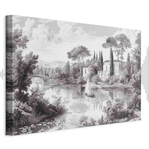 Leinwandbild Czarno-biały pejzaż vintage retro widok na staw z łódką 30×20 cm, Standardleinwand