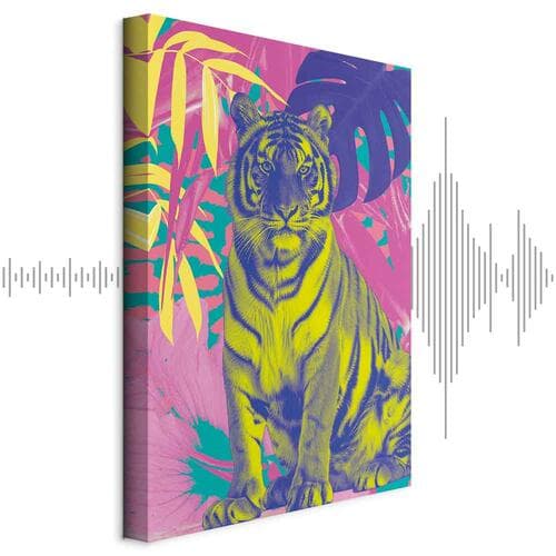 Canvas print Kolorowy tygrys - Intensywne barwy tygrysa w otoczeniu tropikalnych roślin 20×30 cm, standard canvas