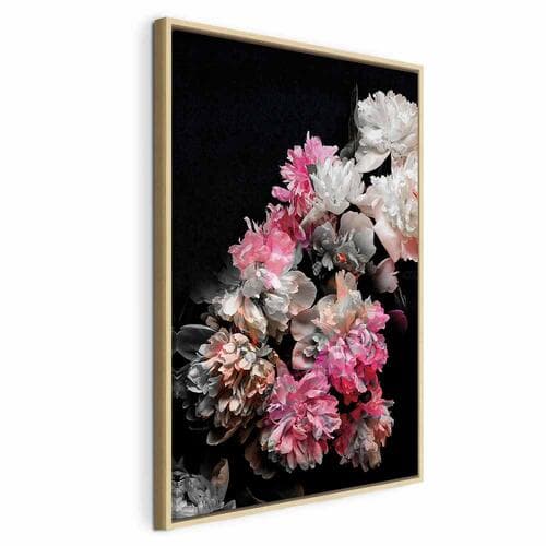 Leinwandbild Czar piwonii - kolorowy bukiet kwiatów na czarnym tle 60×90 cm, Standardleinwand