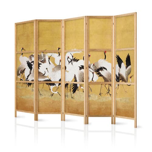 Japanischer Paravent Japońskie żurawie - stado ptaków na tle w odcieniu złota na podstawie obrazu Ishida Yūtei 225×172 cm, japanisch