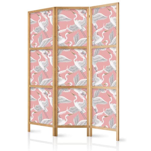 Parawan japoński Pastelowe ptaki - delikatny wzór w biało-szare czaple na jasno-różowym tle 135×172 cm, japoński