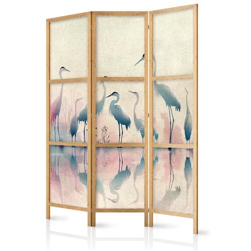Parawan japoński Ptaki nad jeziorem - czaple malowane akwarelą w delikatnej, szaro-różowej kolorystyce 135×172 cm, japoński