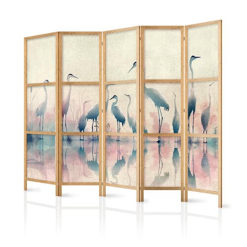 Japanischer Paravent Ptaki nad jeziorem - czaple malowane akwarelą w delikatnej, szaro-różowej kolorystyce 225×172 cm, japanisch