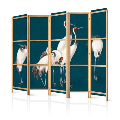 Japanischer Paravent Wieczór nad stawem - grupa żurawi narysowana suchą pastelą, na ciemno-turkusowym tle 225×172 cm, japanisch