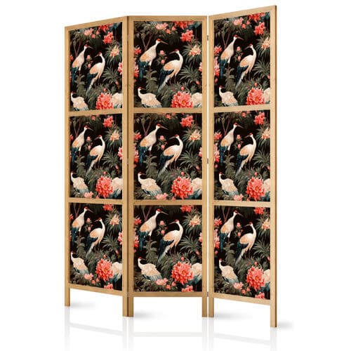Parawan japoński Ornament z ptakami - sylwetki żurawi i kwiaty piwonii na ciemnym tle 135×172 cm, japoński