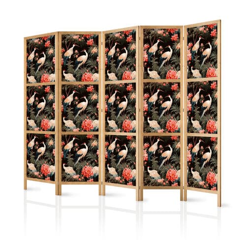 Japanischer Paravent Ornament z ptakami - sylwetki żurawi i kwiaty piwonii na ciemnym tle 225×172 cm, japanisch