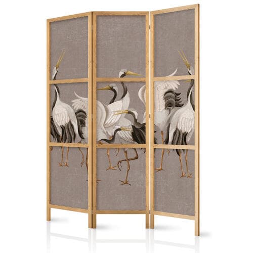 Japanese room divider Taniec żurawi - jasne sylwetki ptaków na ciepło-szarym tle z fakturą 135×172 cm, Japanese
