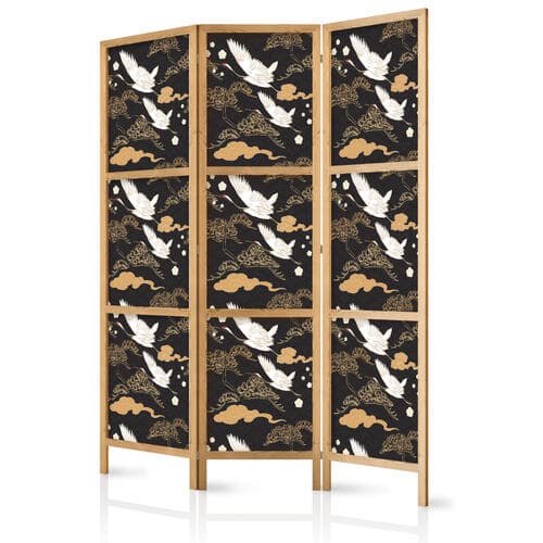 Japanese room divider Orientalne impresje - dekoracyjny wzór z motywem lecących żurawi na ciemnym tle 135×172 cm, Japanese