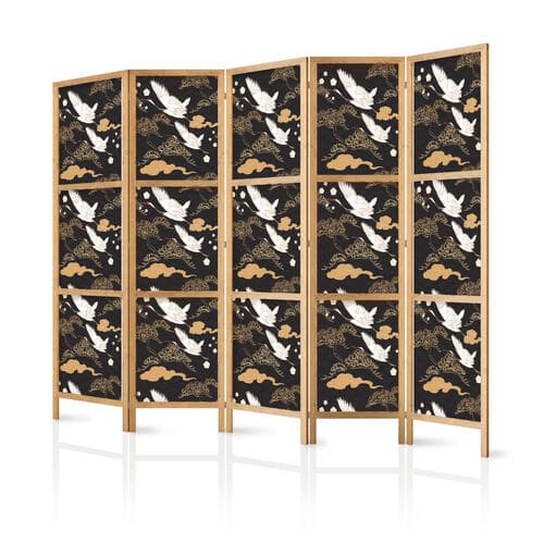 Parawan japoński Orientalne impresje - dekoracyjny wzór z motywem lecących żurawi na ciemnym tle 225×172 cm, japoński