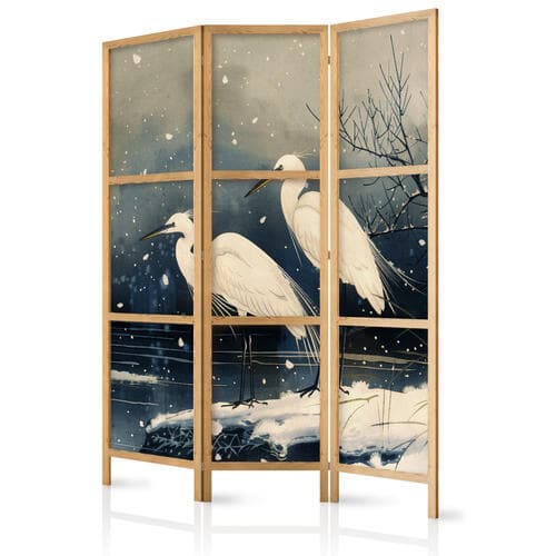 Japanese room divider Czaple nad zimowym stawem - ilustracja w stylu japońskiego w ciemnej kolorystyce 135×172 cm, Japanese