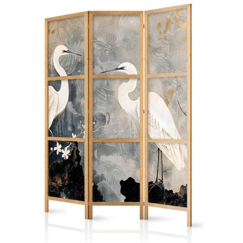Japanese room divider Czaple i kwiat wiśni - ilustracja w orientalnym stylu przedstawiająca ptaki 135×172 cm, Japanese