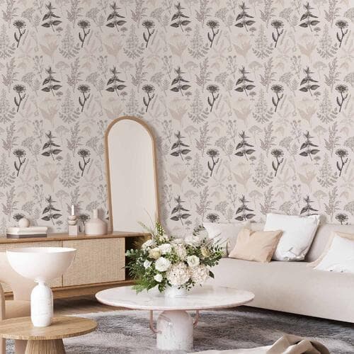 Tapeta Kwiaty i zioła w ciepłych szarościach 50×1000 cm, flizelina premium