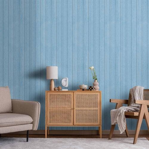 Tapete Błękitne Panele - drewniane deski w pastelowym odcieniu niebieskiego 49×1000 cm, selbstklebendes Material