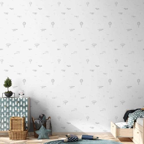 Wallpaper Rysunek - samoloty - balony i sterowce na tle nieba pełnego ptaków 50×1000 cm, premium non-woven