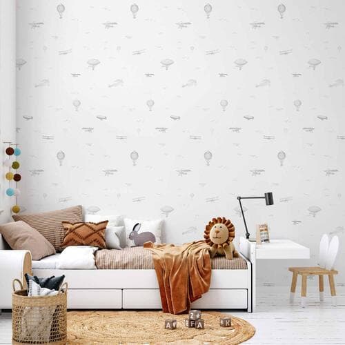 Wallpaper Rysunek - samoloty - balony i sterowce na tle nieba pełnego ptaków 50×1000 cm, waterproof material