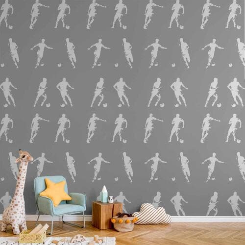 Wallpaper Sportowe Sylwetki - Dynamiczne figury piłkarzy na szarym tle 50×1000 cm, waterproof material
