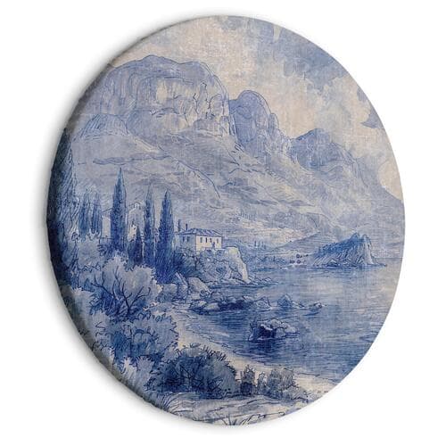 Rundes Leinwandbild Niebieska zatoka - włoski krajobraz jeziora Como malowany niebieskim tuszem 40×40 cm