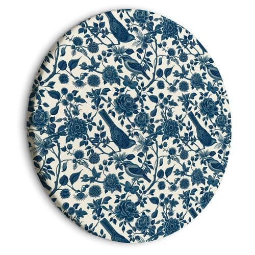 Round canvas print Ptaki i róże - monochromatyczny niebieski wzór z botanicznym motywem 80×80 cm