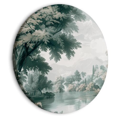 Rundes Leinwandbild Pejzaż z parkiem i jeziorem w retro zieleniach 40×40 cm