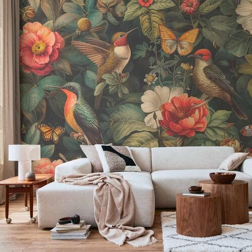 Fototapeta Kwiaty, ptaki i motyle - ilustracja w stylu vintage 250×175 cm, flizelina standard