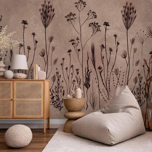 Fototapeta Polne kwiaty - czarne rośliny na tle w technice lime wash 450×315 cm, flizelina standard