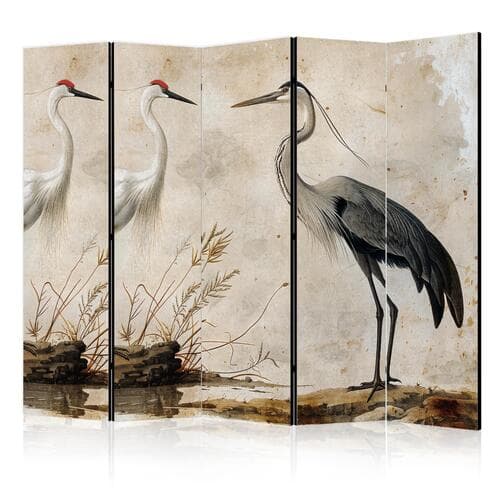 Parawan Ptaki ze starej ryciny - ilustracja w stylu vintage, przedstawiająca czaplę i żurawia 225×172 cm, akustyczny