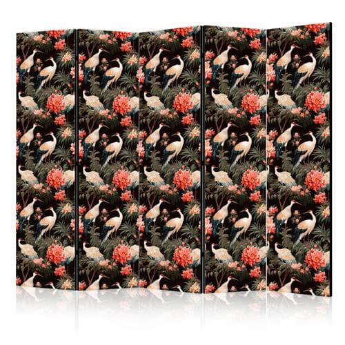 Parawan Ornament z ptakami - sylwetki żurawi i kwiaty piwonii na ciemnym tle 225×172 cm, akustyczny