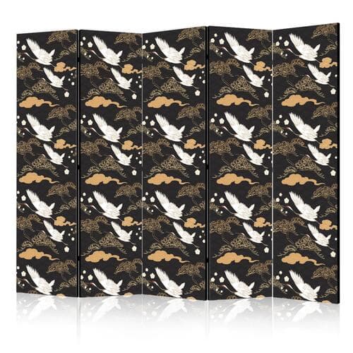 Parawan Orientalne impresje - dekoracyjny wzór z motywem lecących żurawi na ciemnym tle 225×172 cm, akustyczny