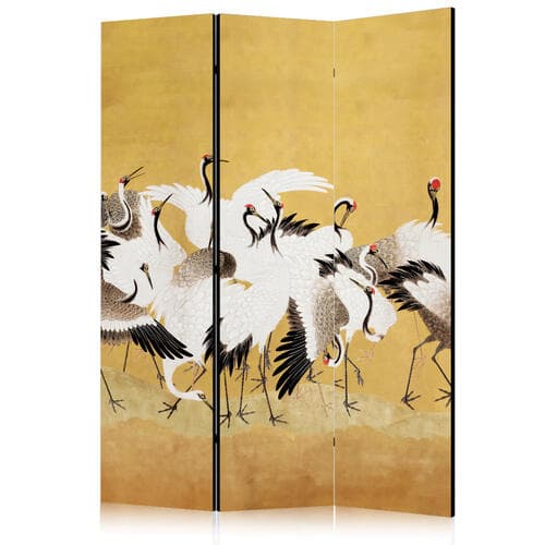 Parawan Japońskie żurawie - stado ptaków na tle w odcieniu złota na podstawie obrazu Ishida Yūtei 135×172 cm, akustyczny