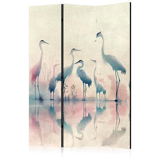 Room divider Ptaki nad jeziorem - czaple malowane akwarelą w delikatnej, szaro-różowej kolorystyce 135×172 cm, one-sided