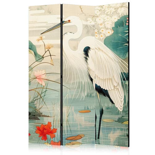 Room divider Nad azjatyckim stawem - ilustracja w stylu japońskiej ryciny, przedstawiająca czaplę 135×172 cm, one-sided