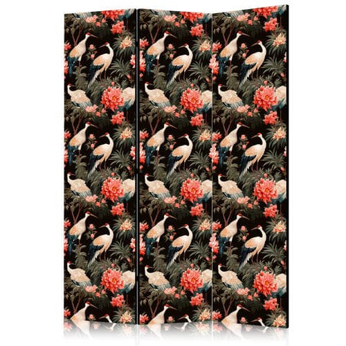 Parawan Ornament z ptakami - sylwetki żurawi i kwiaty piwonii na ciemnym tle 135×172 cm, akustyczny