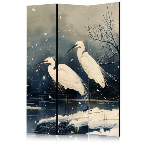 Parawan Czaple nad zimowym stawem - ilustracja w stylu japońskiego w ciemnej kolorystyce 135×172 cm, akustyczny