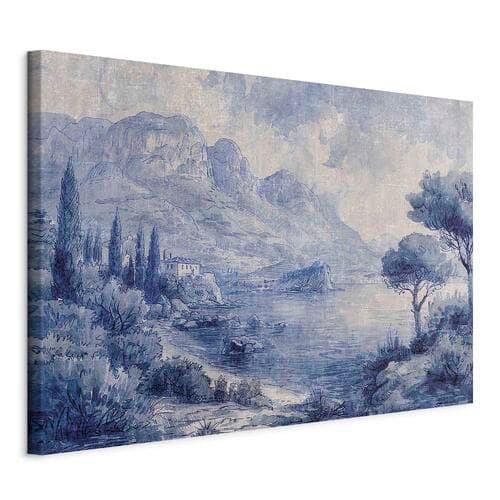 Leinwandbild Niebieska zatoka - włoski krajobraz jeziora Como malowany niebieskim tuszem 30×20 cm, italienische Leinwand