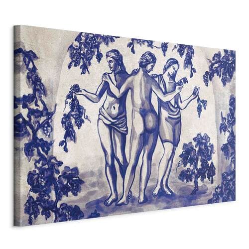 Canvas print Antyczna winnica - trzy kobiety w portalu malowane niebieskim tuszem 120×80 cm, standard canvas