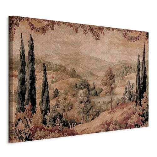 Leinwandbild Śródziemnomorski krajobraz - stary gobelin ze wzgórzem i jeziorem 30×20 cm, italienische Leinwand