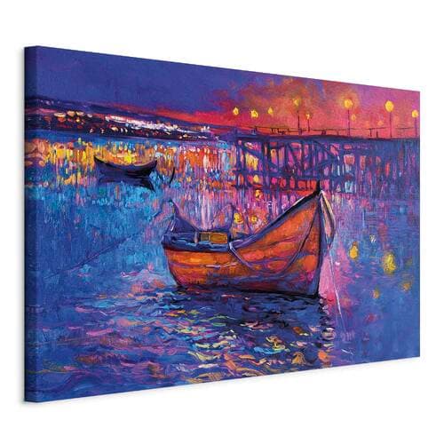 Leinwandbild Nowoczesny impresjonizm - nocny krajobraz jeziora z pływającą łódką 30×20 cm, italienische Leinwand