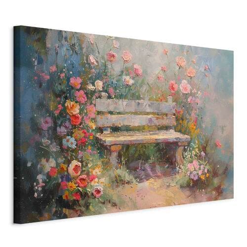 Leinwandbild Kwiecista ławeczka - obraz w stylu impresjonistycznym pełen kwiatów 60×40 cm, italienische Leinwand