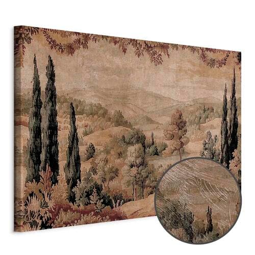 Leinwandbild Śródziemnomorski krajobraz - stary gobelin ze wzgórzem i jeziorem 30×20 cm, Standardleinwand