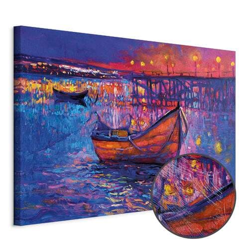 Leinwandbild Nowoczesny impresjonizm - nocny krajobraz jeziora z pływającą łódką 30×20 cm, Standardleinwand