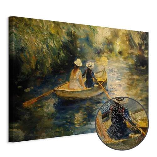 Obraz na płótnie Przeprawa łódką - obraz dwóch kobiet płynących łódką na rzece 90×60 cm, płótno standard