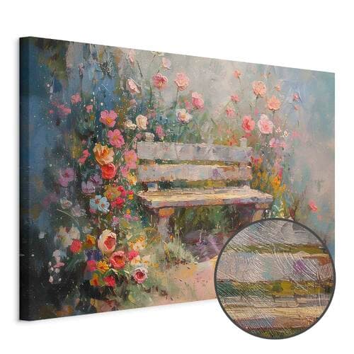 Leinwandbild Kwiecista ławeczka - obraz w stylu impresjonistycznym pełen kwiatów 90×60 cm, Standardleinwand