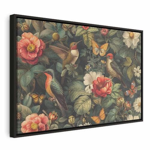 Obraz na płótnie Kwiaty, ptaki i motyle - ilustracja w stylu vintage 60×40 cm, płótno standard